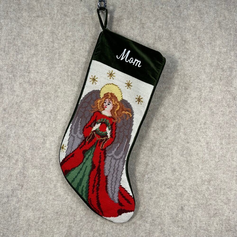 Vintage Christmas Stocking - "MOM" - Wool Needlepoint Velvet Green Angel